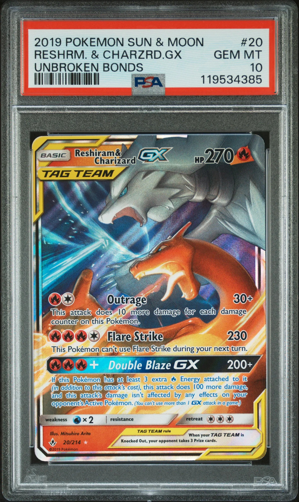 2019 Pokemon SM Unbroken Bonds Reshiram & Charizard GX #20 PSA 10 GEM MINT
