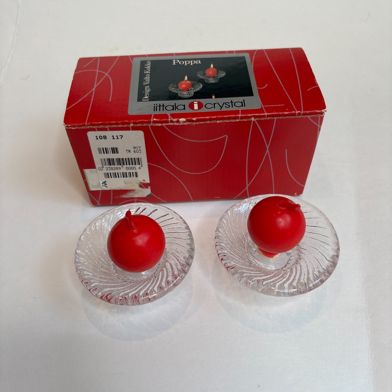 Vintage Iittala Poppa Candle Holders Set of 2 Valto Kokko Finland Crystal w/ Box