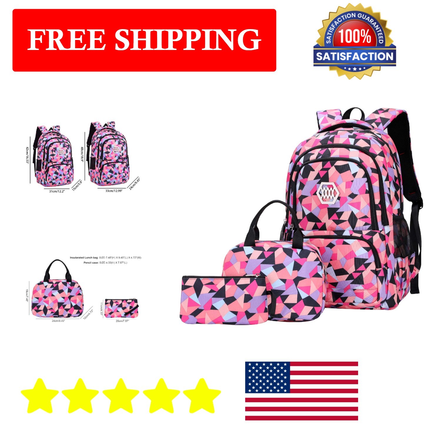 Stylish Geometric School Bag Set for Kids - 35L Capacity, Durable & Adjustable Stylish Geometric School Bag Set for Kids - 35L Capacity, Durable & Adjustable