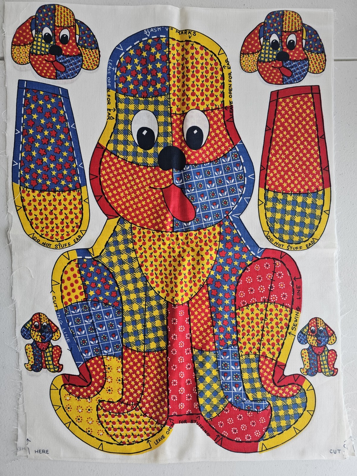 Vintage 1970s Cut & Sew Fabric Panel Calico Patchwork Puppy Dog Pillow Plush Toy