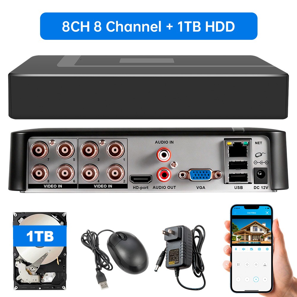 8 Channel H.265+ DVR 1080P HD with 1TB Hard Drive for Security Camera System US