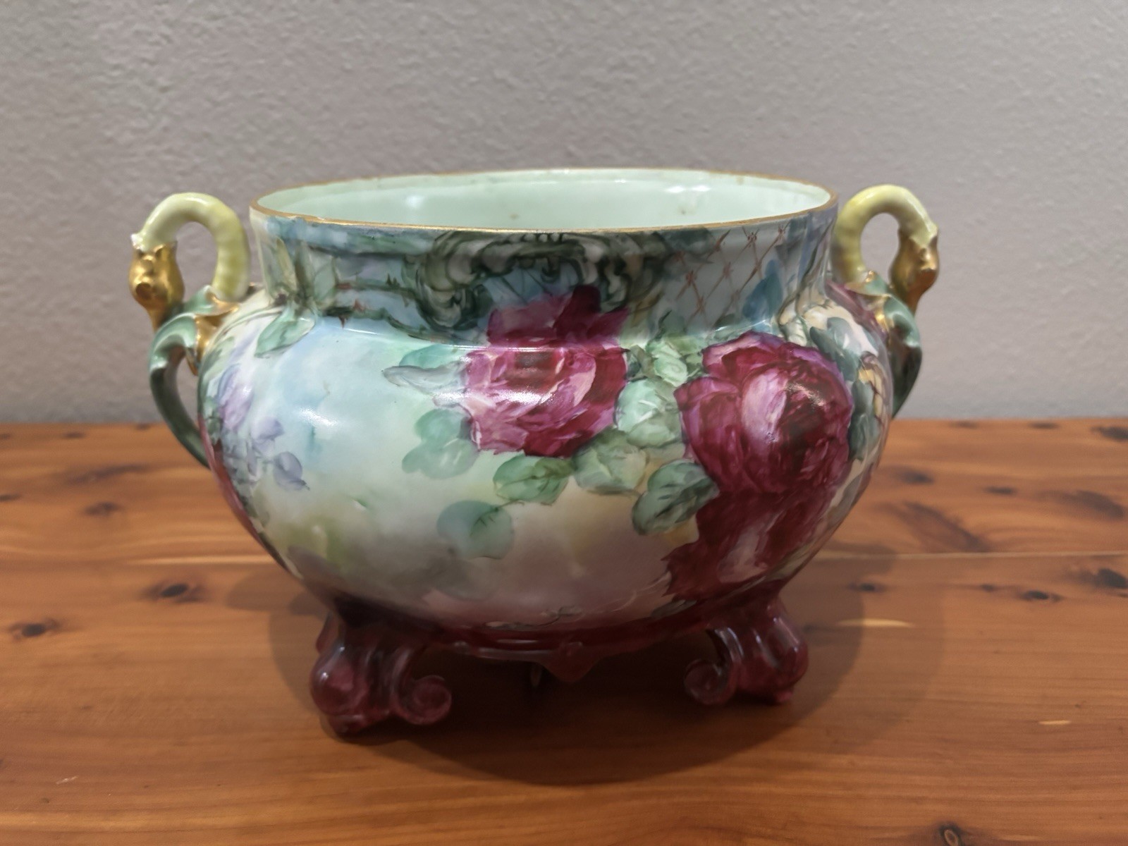 Antique Elite Limoges France Jardiniere Hand Painted Roses Swan Handles 16”