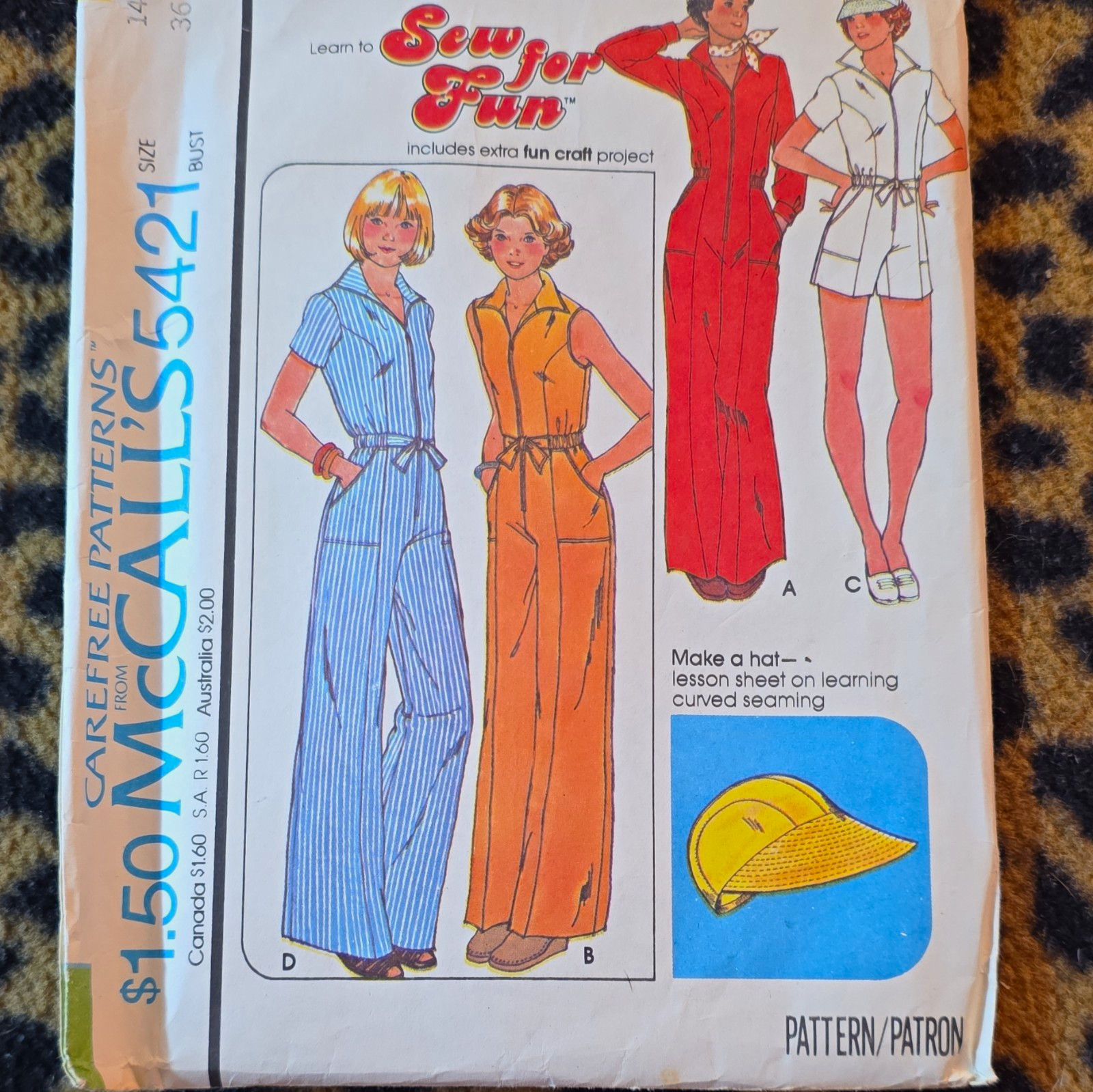 McCall\'s Vintage McCall\'s 5421 Jumpsuit Hat Sewing Pattern Sizes 8-16 Cut 1970s