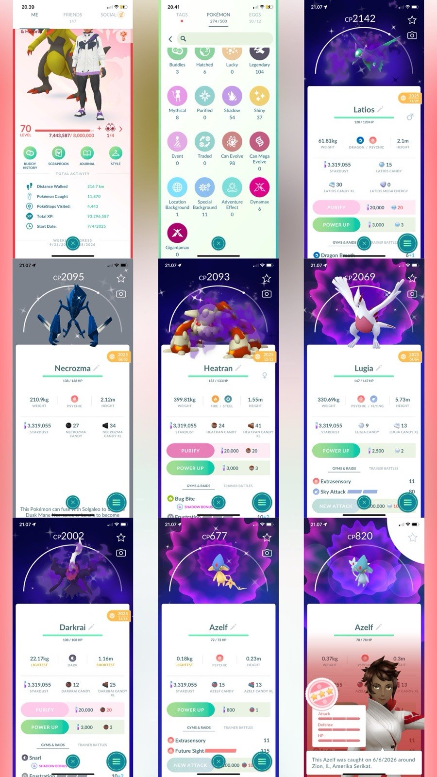 Pokémon Acc Go -Lvl70 - 37 Shiny - 104 Legendary -21 4*- Hundo Azelf Shiny Lugia