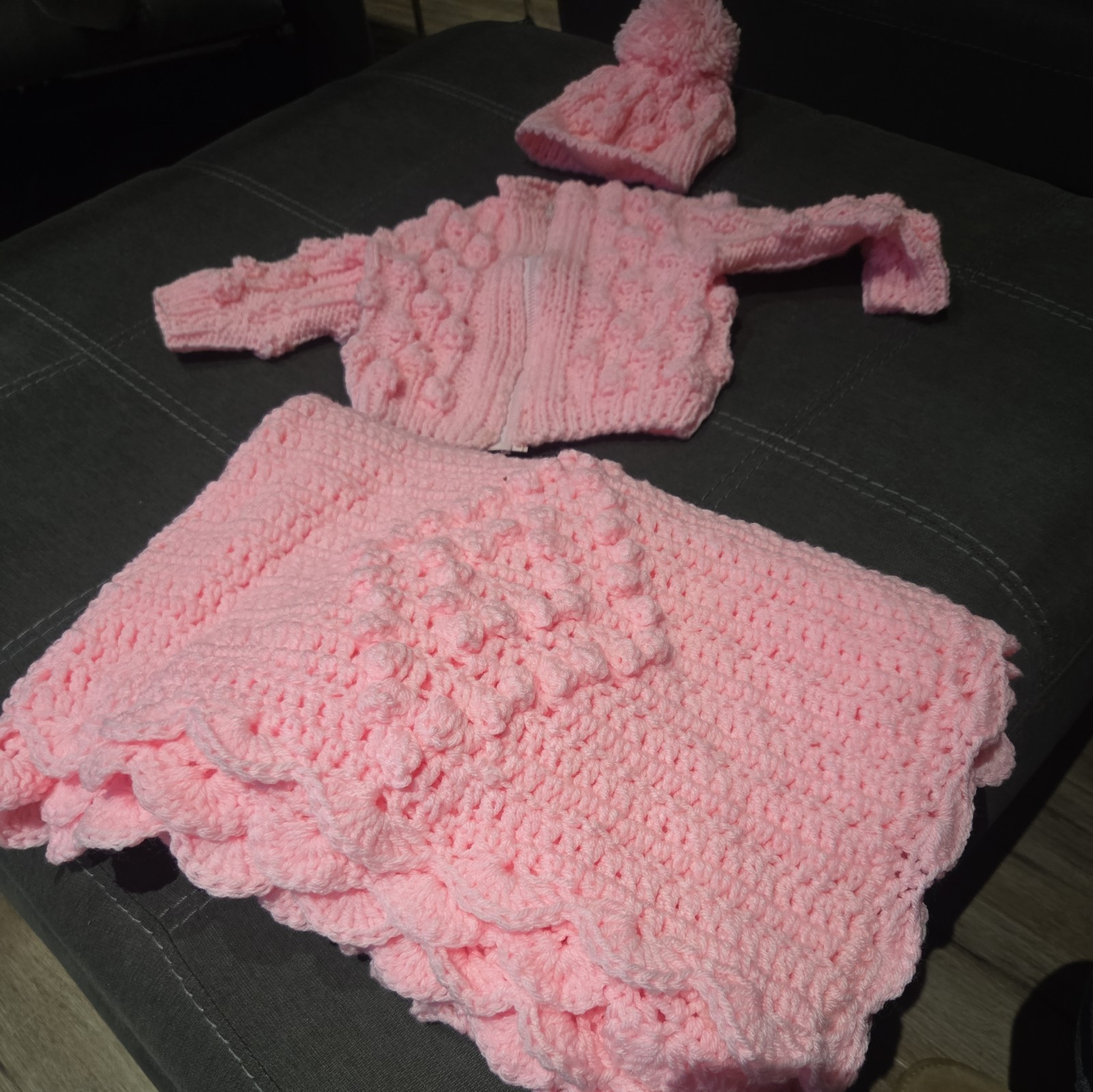 Deluxe Vintage Handmade Pink Twin Baby Clothes & Diamond Bobble Blanket Set Lot