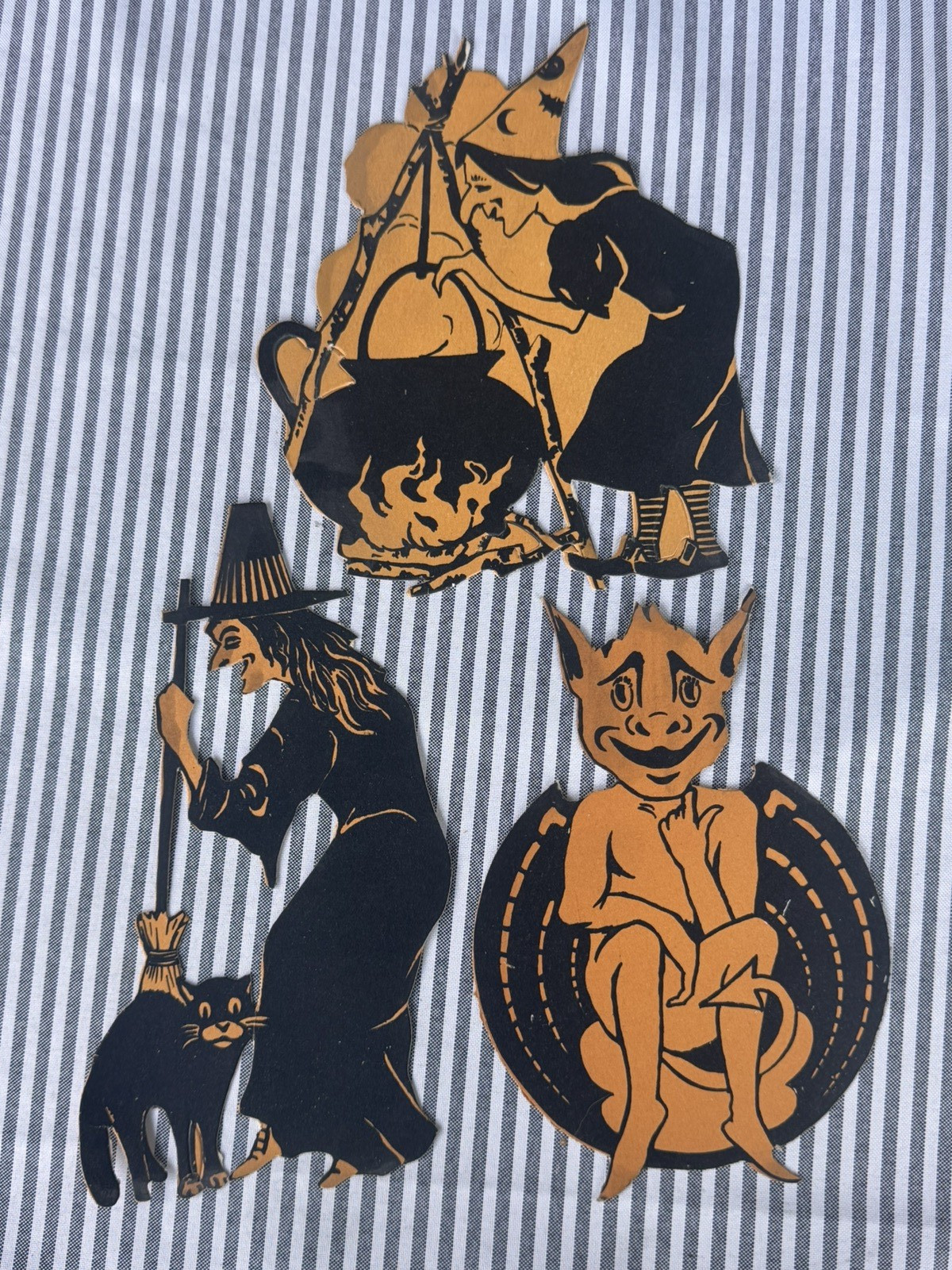 HTF LOT OF 3 Antique 1920-1930s Halloween Die-Cut paper Devil Witch Cat Cauldron
