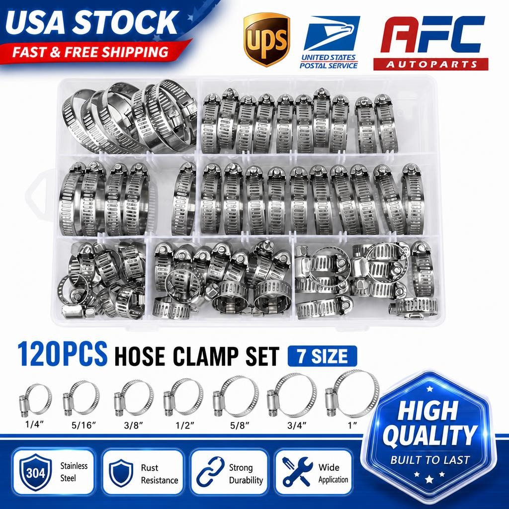 120pcs Adjustable Hose Clamps Worm Gear Stainless Steel Clamp Assortment Kit