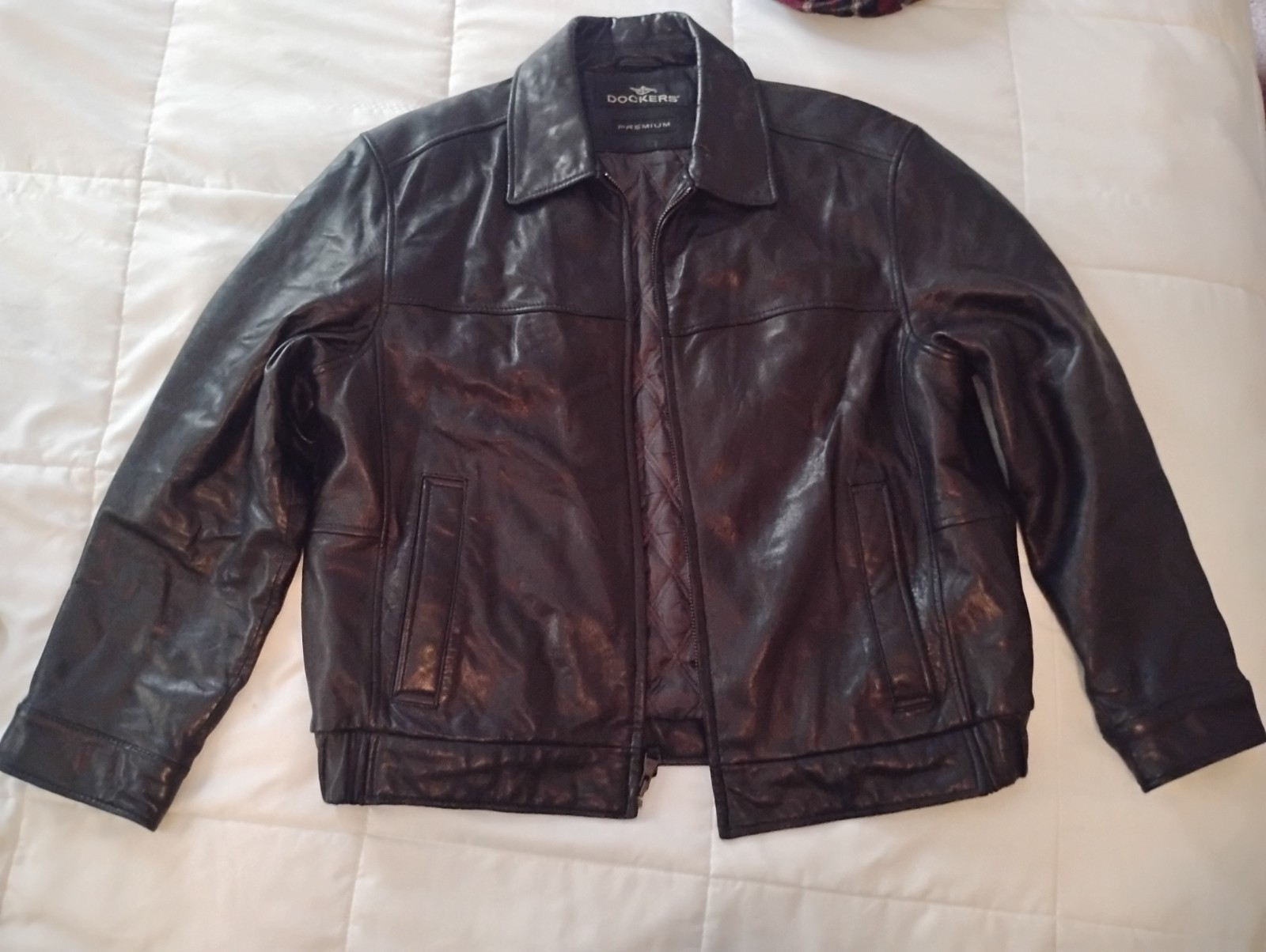 Vintage Dockers Premium Black Leather Jacket Mens XL Bomber Collared Quilted...