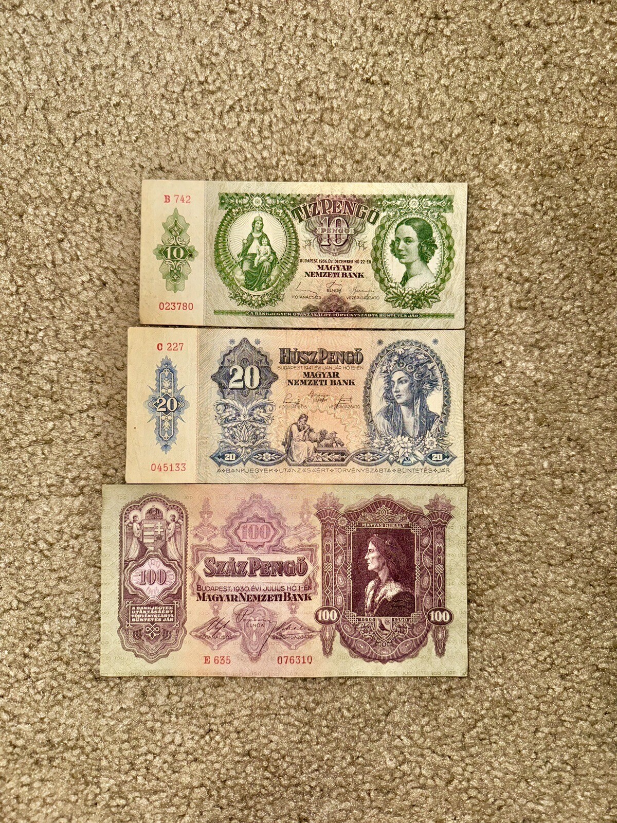 Hungary lot of 3 pcs 10, 20, 100 Pengo 1930-1945. Original Hungary lot of 3 pcs 10, 20, 100 Pengo 1930-1945. Original