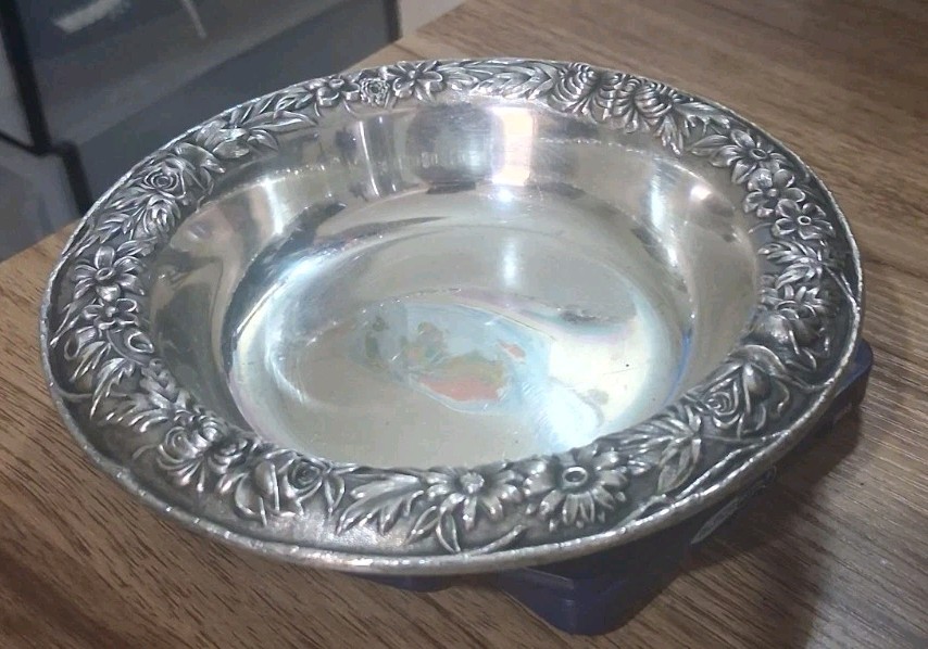 Antique S Kirk & Son Sterling Silver Repousse Floral Bon Bon Berry Bowl #409