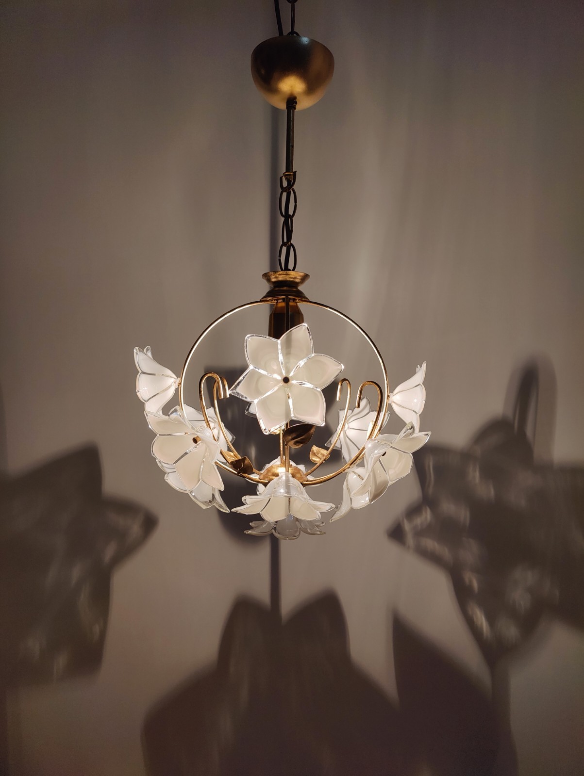 Vintage Murano Glass Flower Chandelier, 1980s Brass Retro Pendant Light