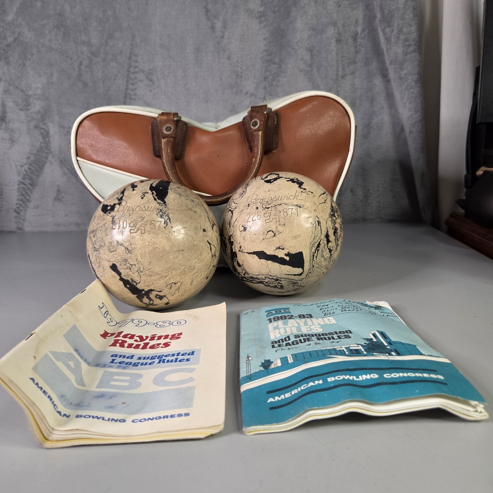 VTG Brunswick MCM Duck Pin Bowling Ball Set of 2  Black And White Marbled 1960S