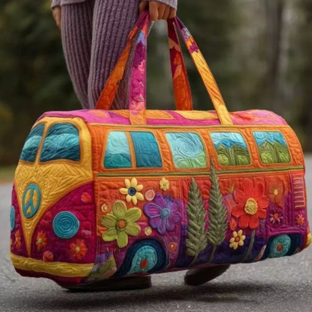 Unisex Boho Quilted Weekender Bag - Large Hippie Van Quilted Duffle Bag Carry-on