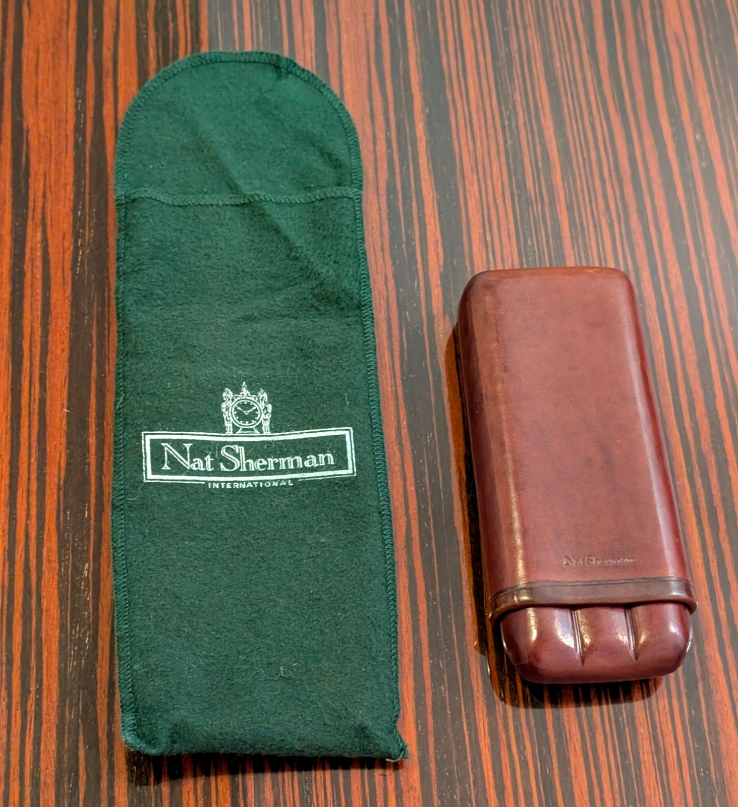 Vintage Nat Sherman Genuine Leather 3 Cigar Case With Pouch Made In Italy