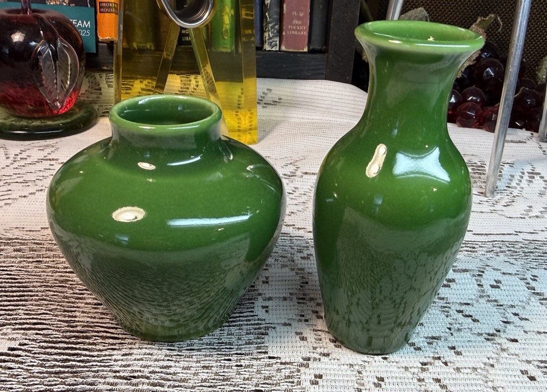 Pair Vintage 1932 XXXII Green Rookwood Pottery Vases  6318F And 6308F Porcelain