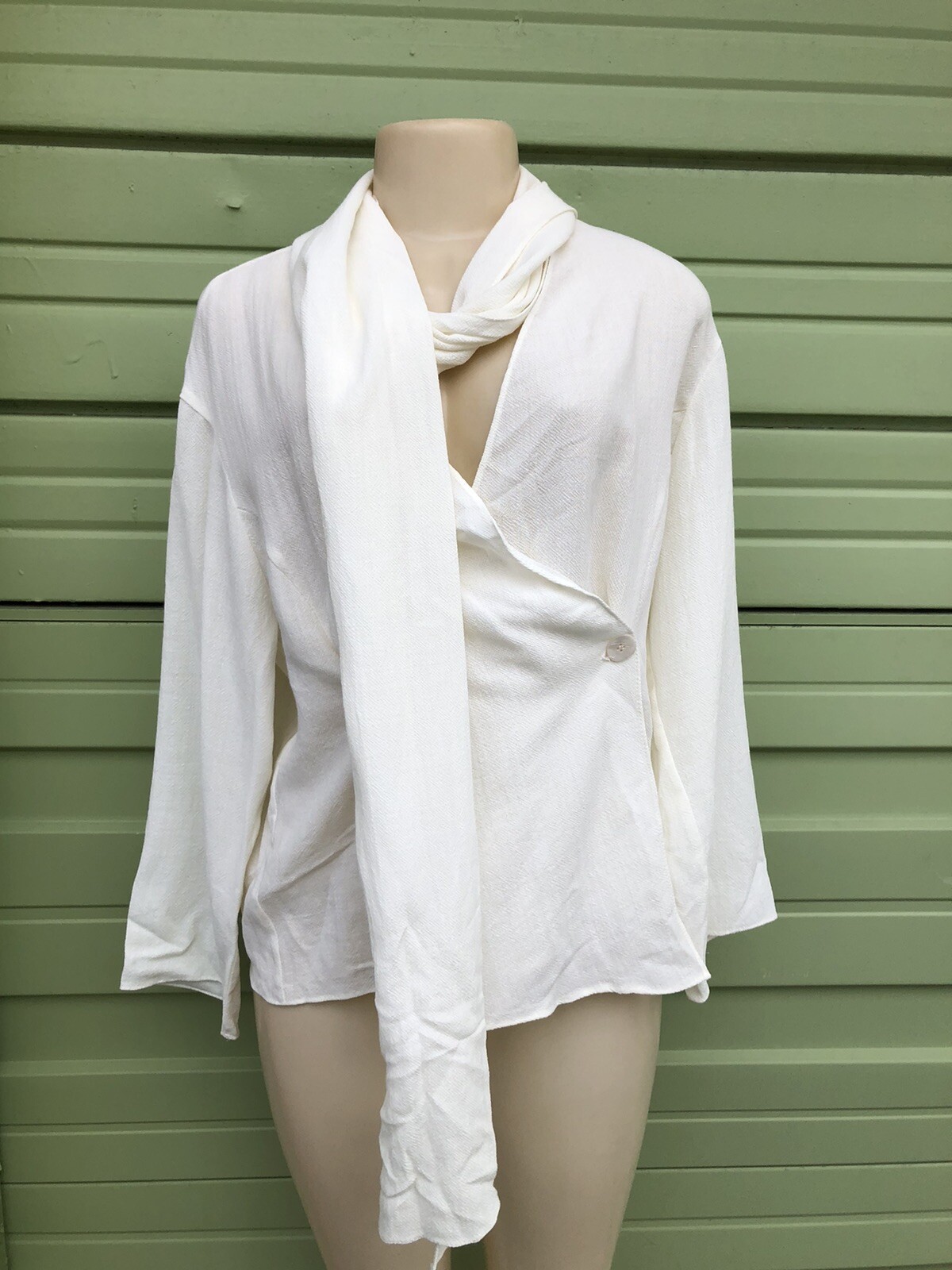 ZARA OFF WHITE DRAPED NECK BLOUSE long sleeve V-NECK  SIZE M 2573NT VISCOSE