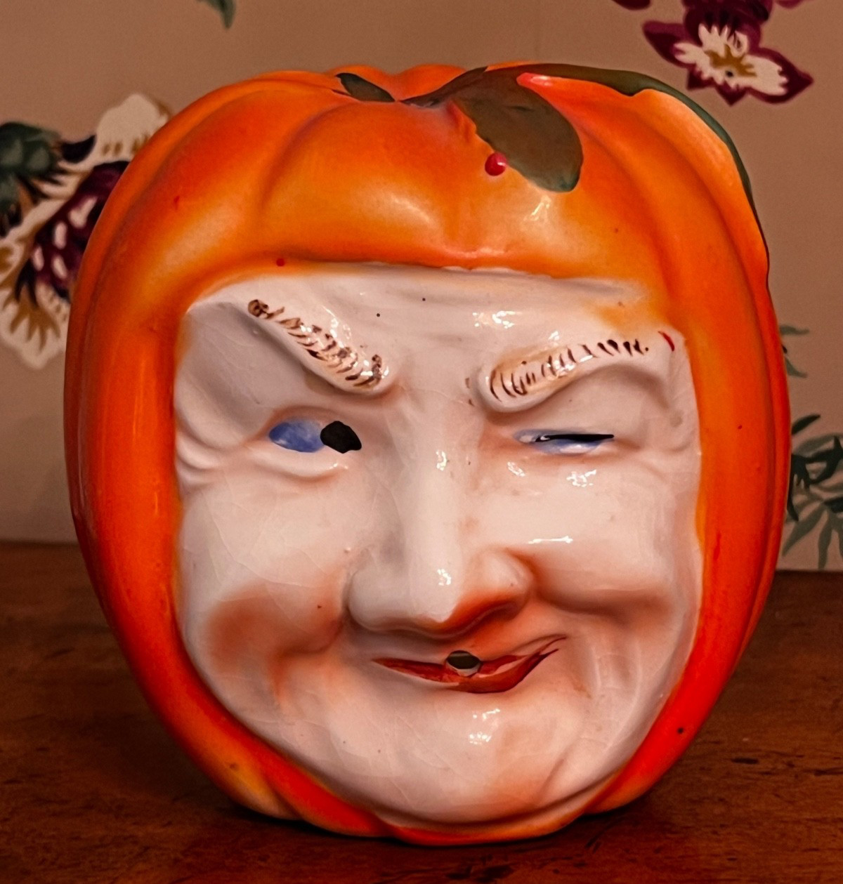 RARE Antique Anthropomorphic Folk Art Pumpkin Witch Head String Holder Japan