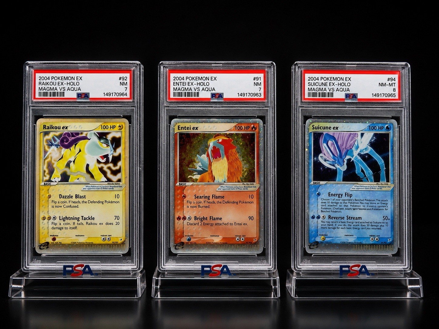 2004 Pokemon Magma vs Aqua Entei Raikou Suicune ex PSA 7/8 Sequential Cert Set 2004 Pokemon Magma vs Aqua Entei Raikou Suicune ex PSA 7/8 Sequential Cert Set