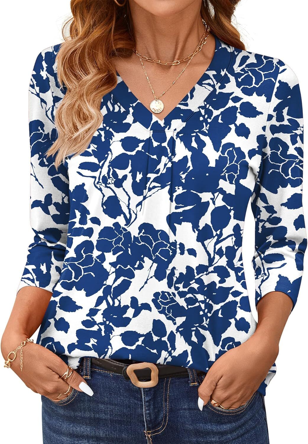 Womens 3/4 Sleeve V Neck Top Soft Lightweight Casual Summer T Shirt Blouse