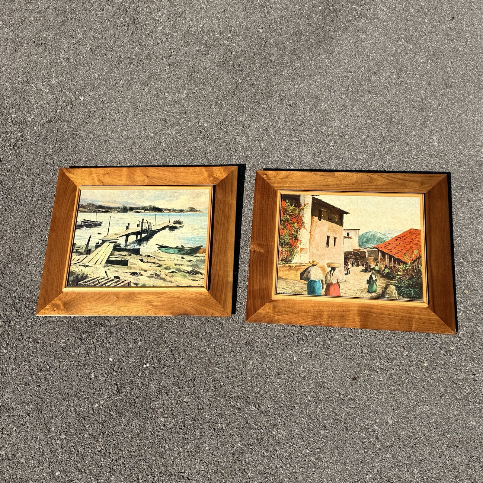 Vintage Mid-Century Modern Walnut Framed Art – Matching Pair – 19” x 16”