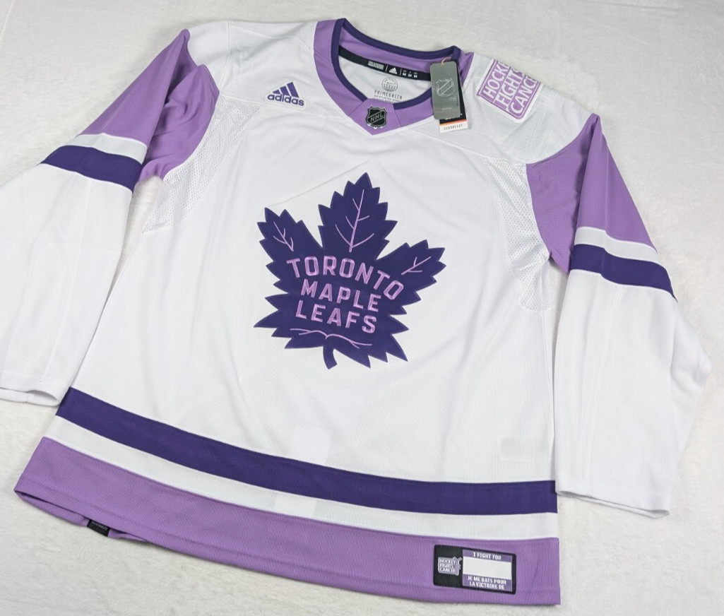 Toronto Maple Leafs Hockey Fights Cancer Adidas Jersey sz 54 White Purple NWT