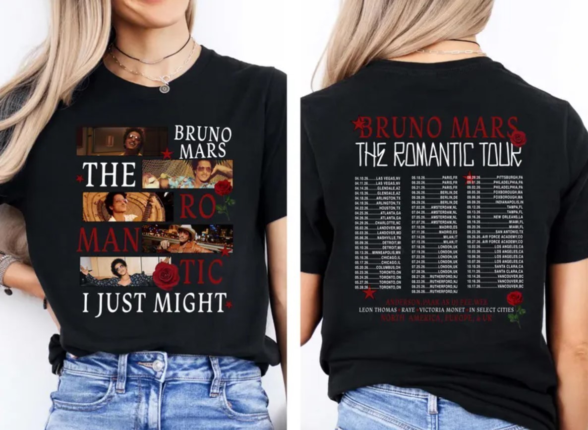 Vtg Bruno Mars Romantic Tour 2026 Concert Dates T-Shirt S-5XL