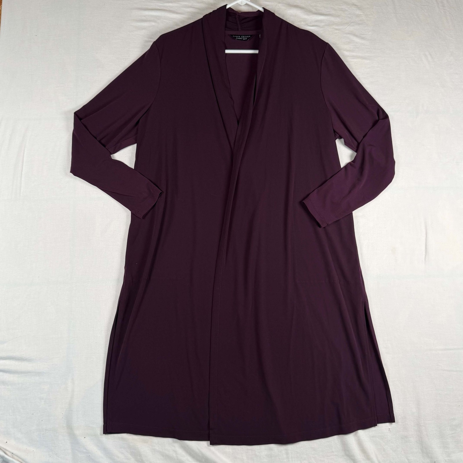 Susan Graver Petite Large Rich Plum Purple Open Front Duster Long Knit Cardigan