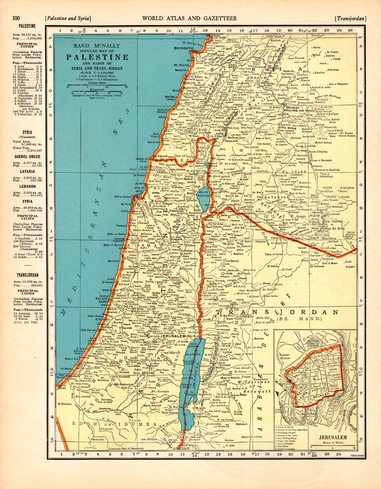 1938 Antique Palestine Map Vintage Map of Syria Trans Jordan Jerusalem 3221