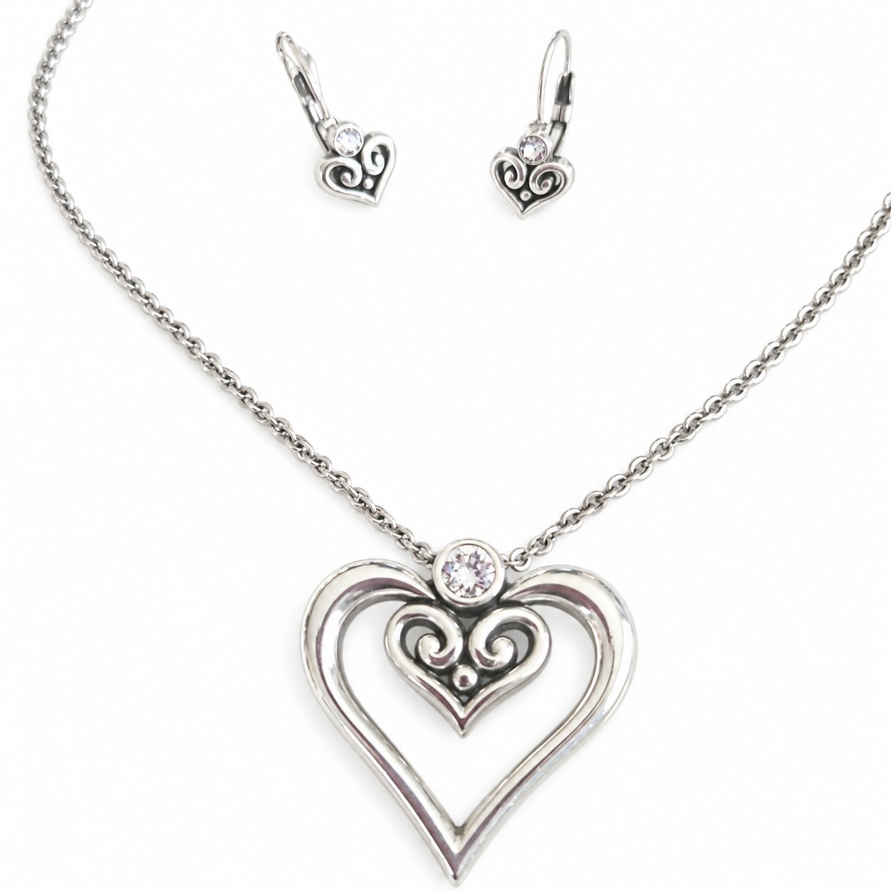 Brighton Alcazar Duet Crystal Heart Necklace Earrings Set Silver NWOT