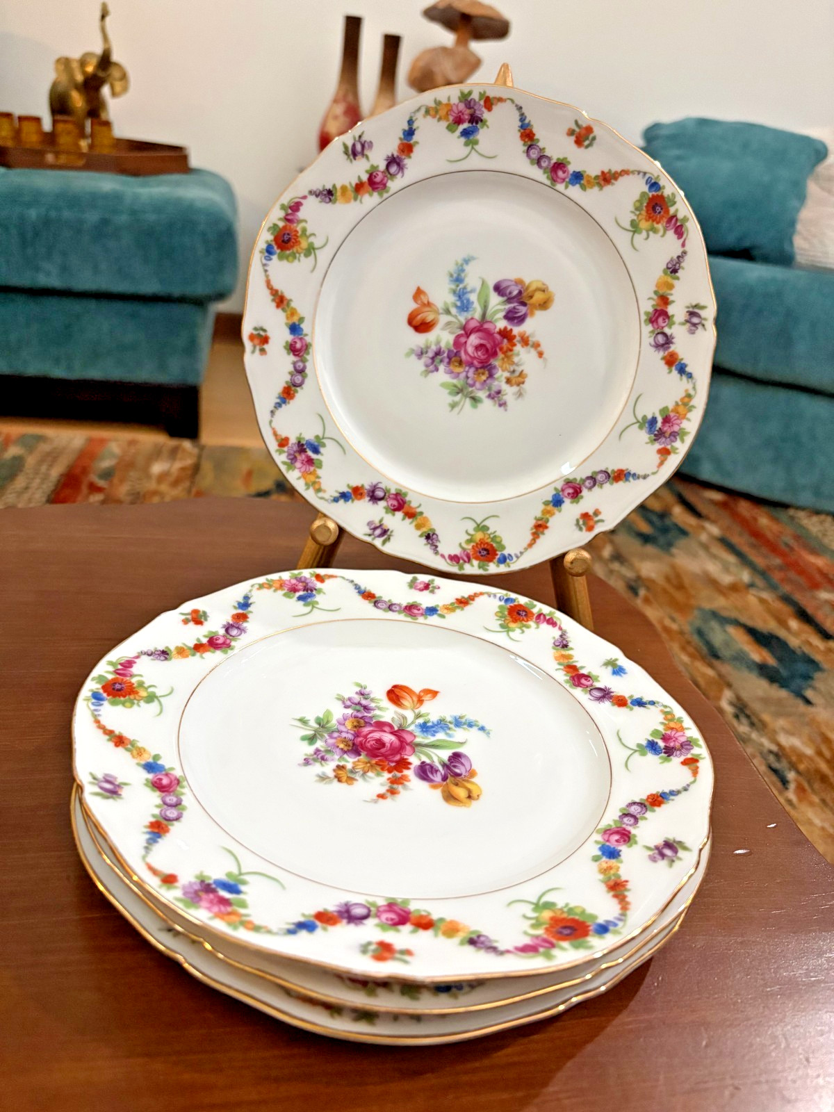SET 4 Epiag Czechoslovakia Luncheon Salad Plate Floral Garland  Gold Trim RARE