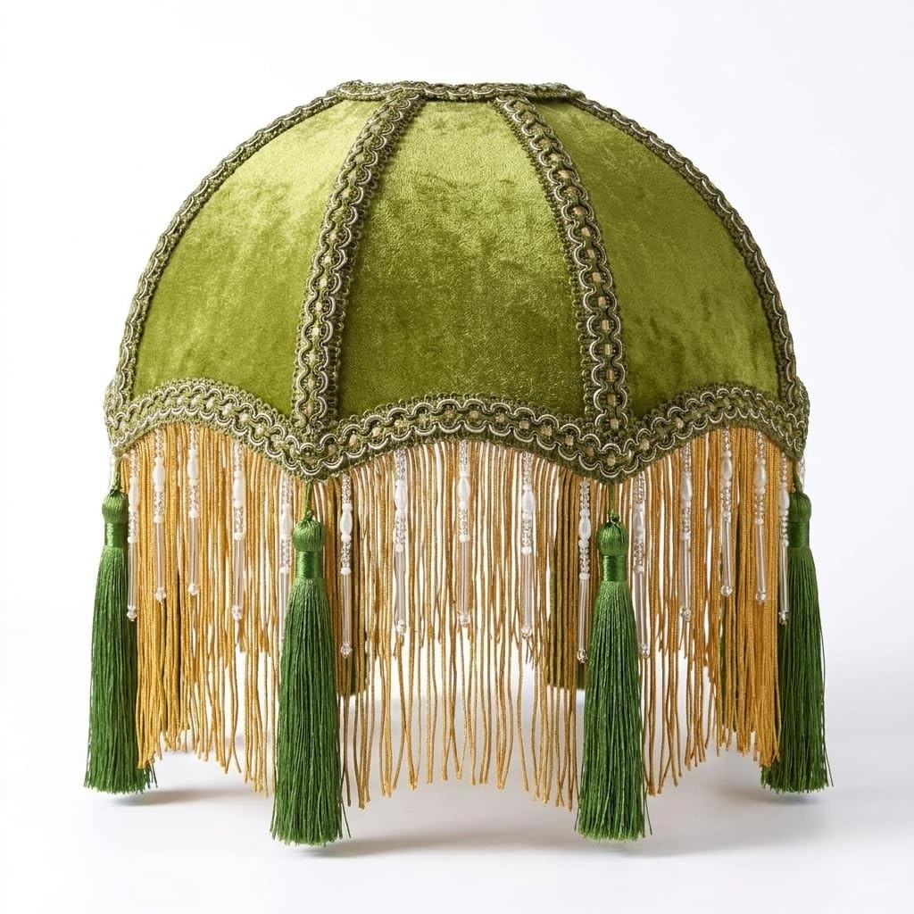 9.8 Inch vintage Lampshade With Olive Green Velvet Tassel, 9.8inch, 9.8 Inch vintage Lampshade With Olive Green Velvet Tassel, 9.8inch,
