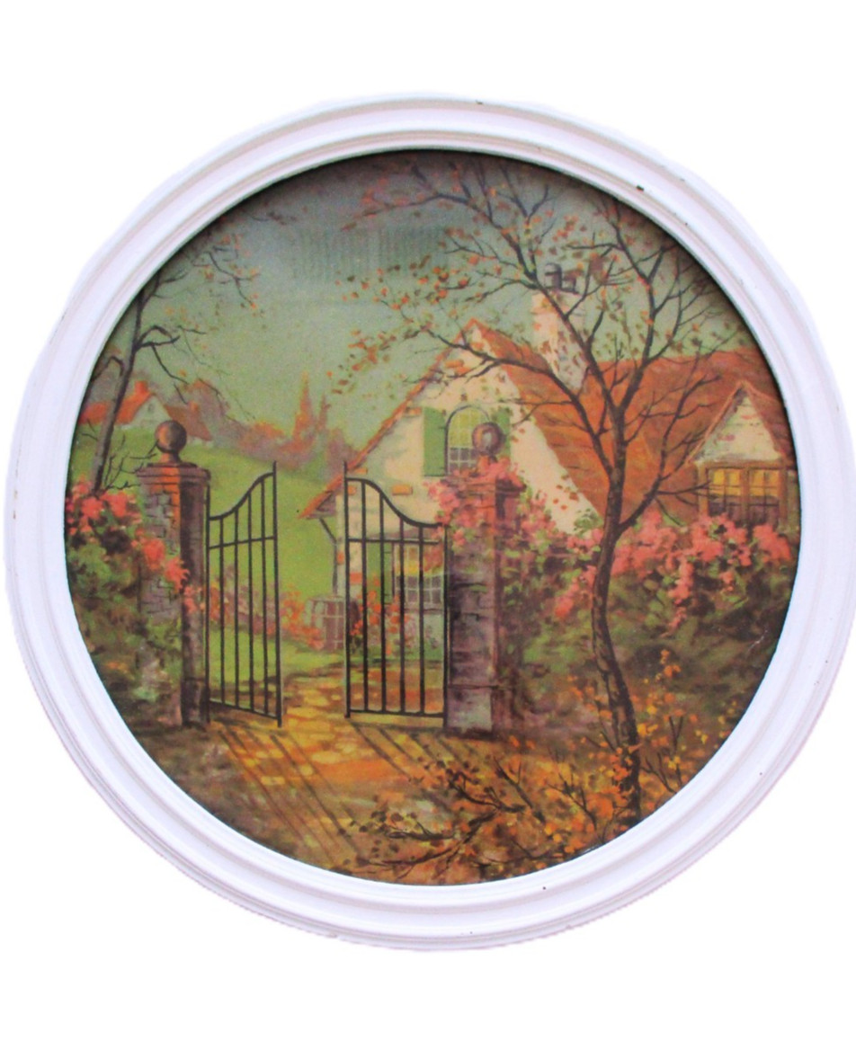 Antique Framed Lithograph Cottage Landscape House Round Wooden Frame Vintage Art Antique Framed Lithograph Cottage Landscape House Round Wooden Frame Vintage Art