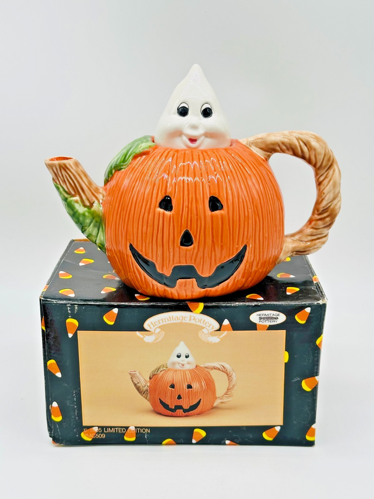 Vintage 1995 Hermitage Pottery Pumpkin Teapot with Ghost Lid in Box 