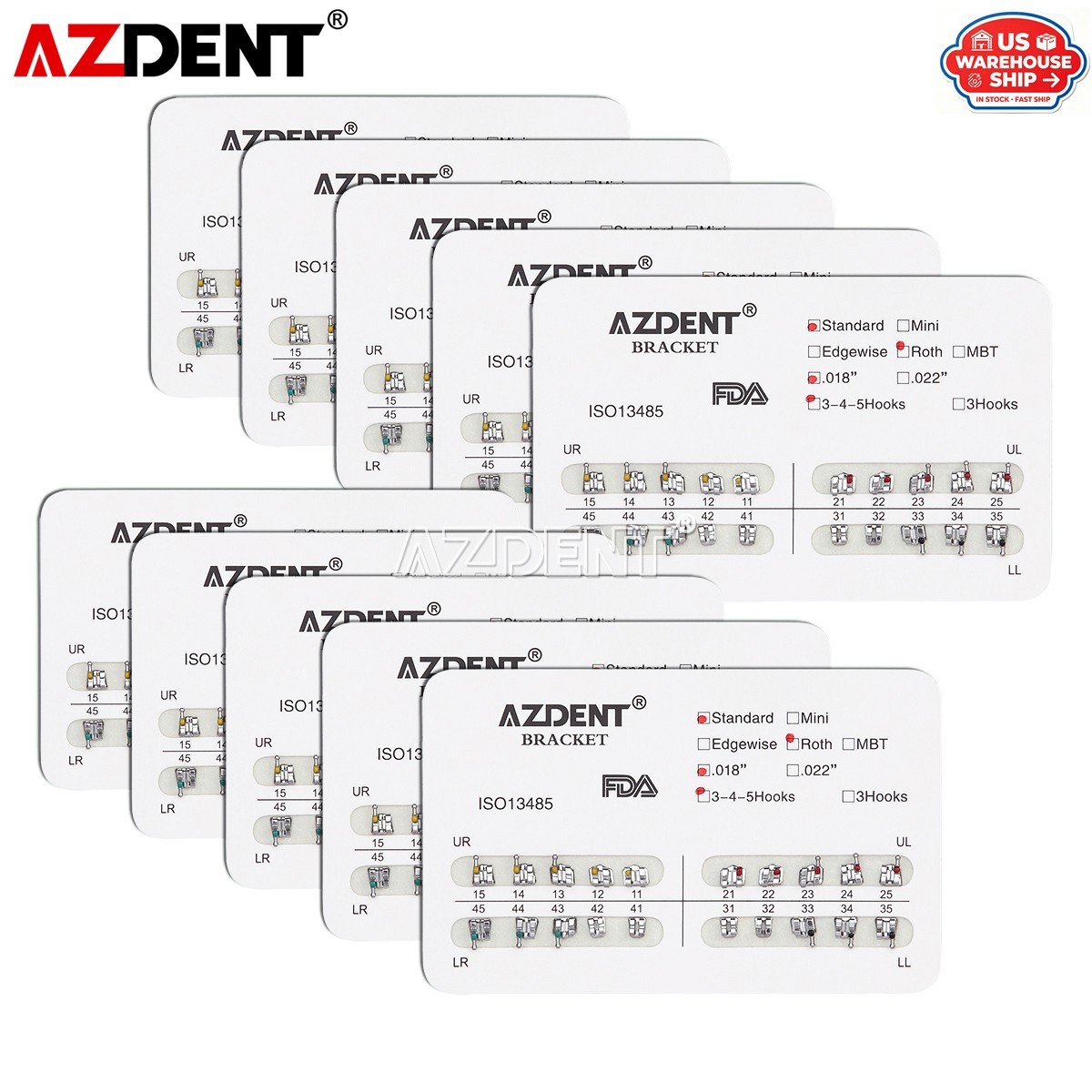 AZDENT Dental Orthodontic Metal Brackets Braces Standard Roth.018 Hooks 3-4-5