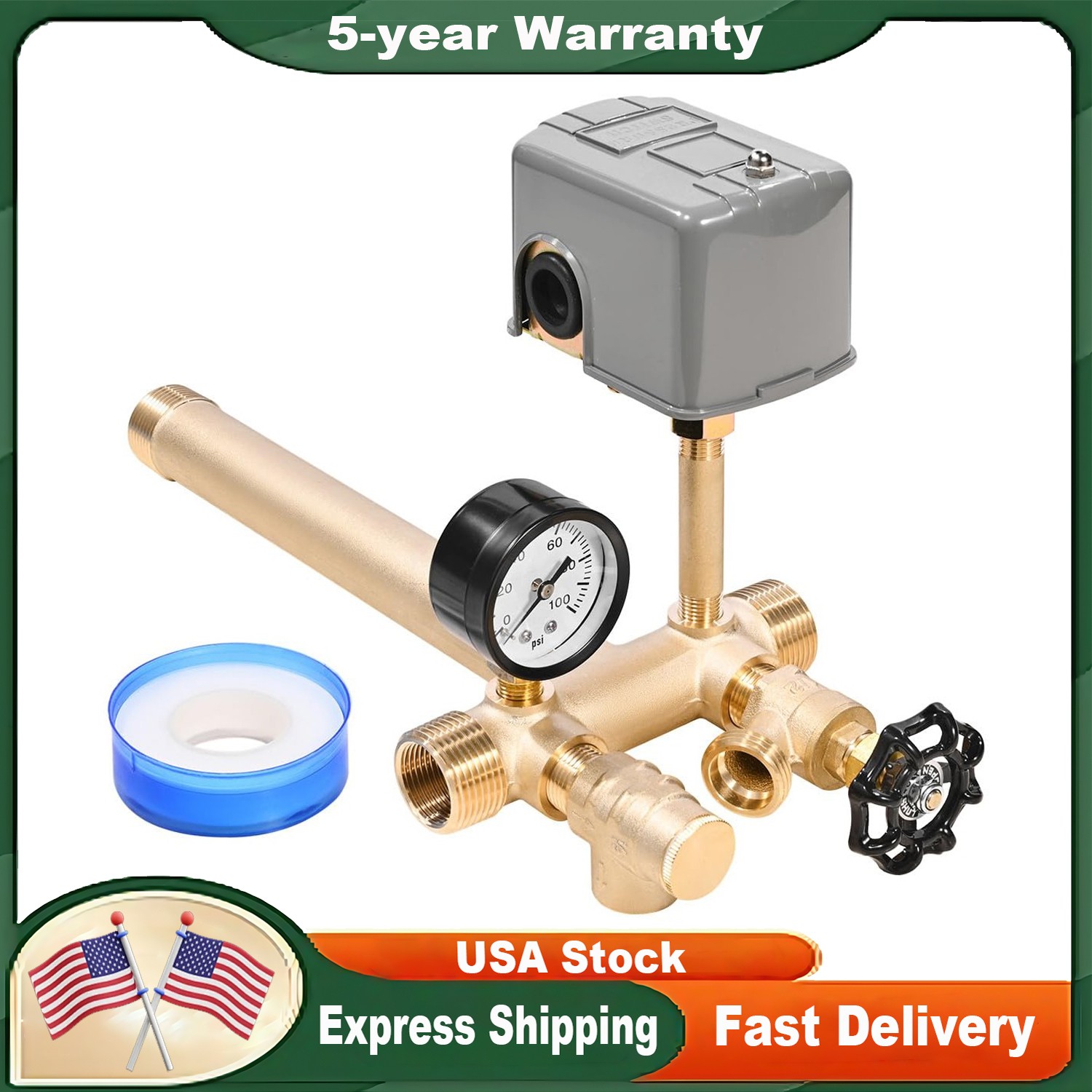 7PCS For Water Well Well Pure Brass Pressure Tank Tee Kit with 40/60PSI Switch