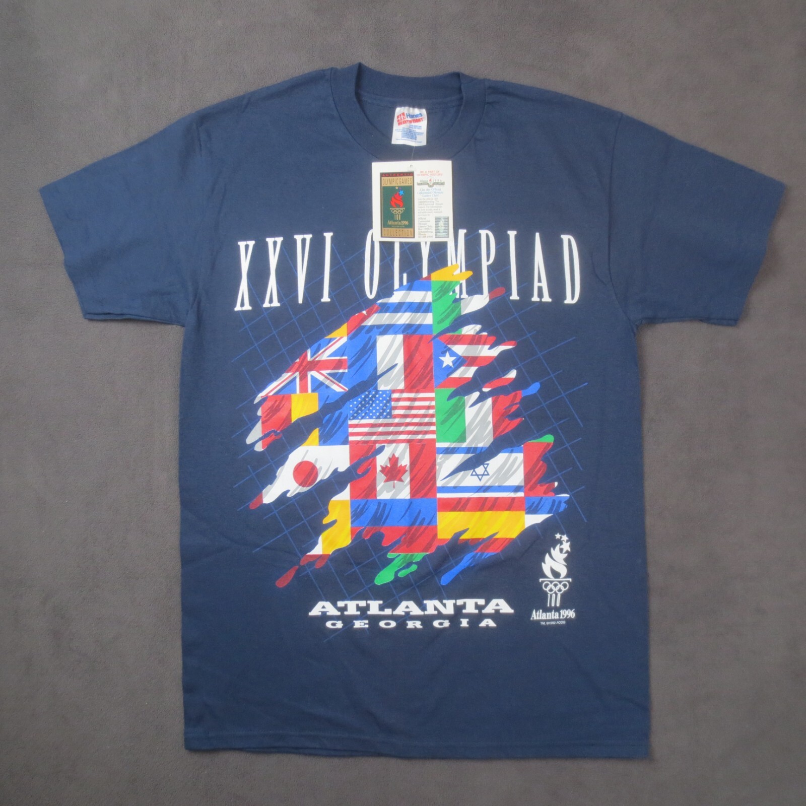 Vintage 1996 Atlanta Olympic Shirt Men Medium Blue Flags Single Stitch Deadstock