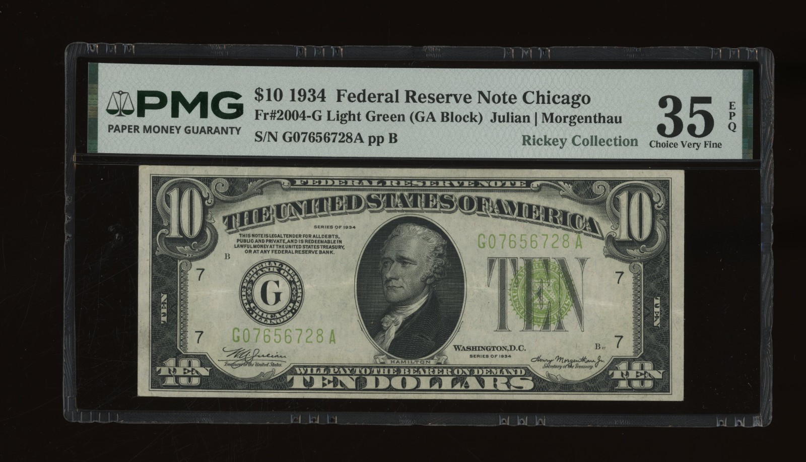 DBR 1934 $10 LGS FRN Chicago Fr. 2004-Glgs PMG 35 EPQ Serial G07656728A