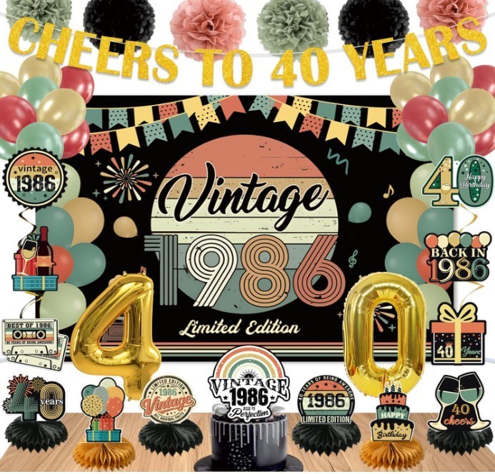 47Pcs 40Th Birthday Decorations for Men Women, PRE-STRUNG Vintage 1986 Banner Pa