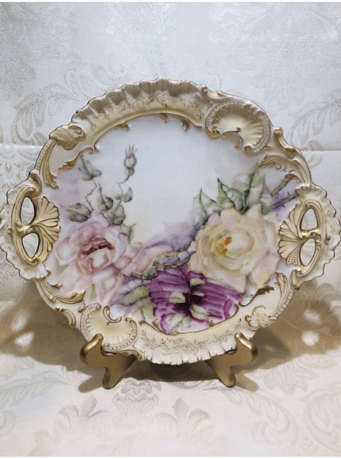 LIMOGES ANTIQ.HANDPAINTED CAKE PLATE PINK ROSES,GOLD TRIM,A.LANTERNIER,11 3/4” LIMOGES ANTIQ.HANDPAINTED CAKE PLATE PINK ROSES,GOLD TRIM,A.LANTERNIER,11 3/4”