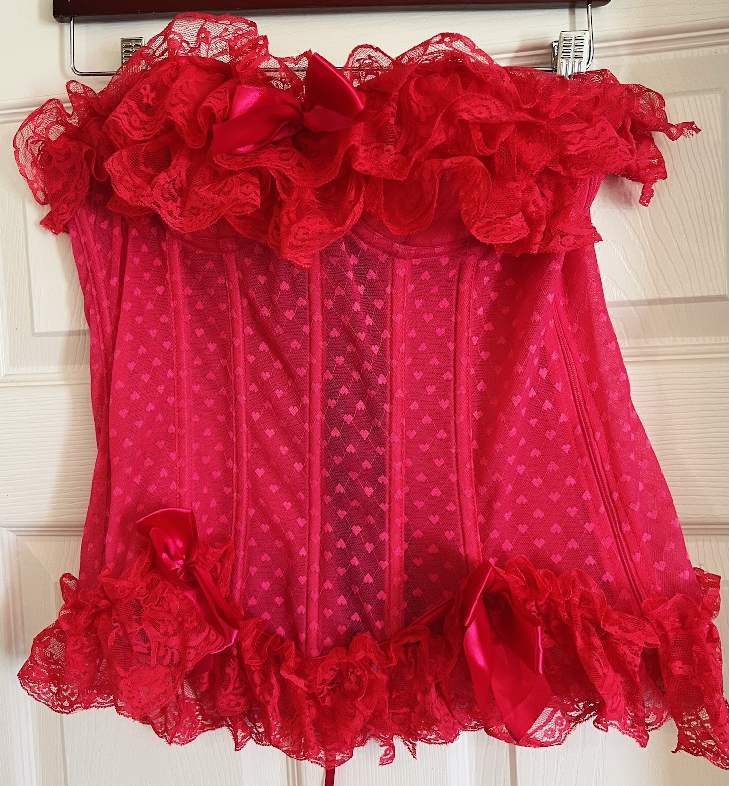 Adore Me Hot Pink Corset top. Mesh, heart bodice/lace trim/bows/zipper, XL