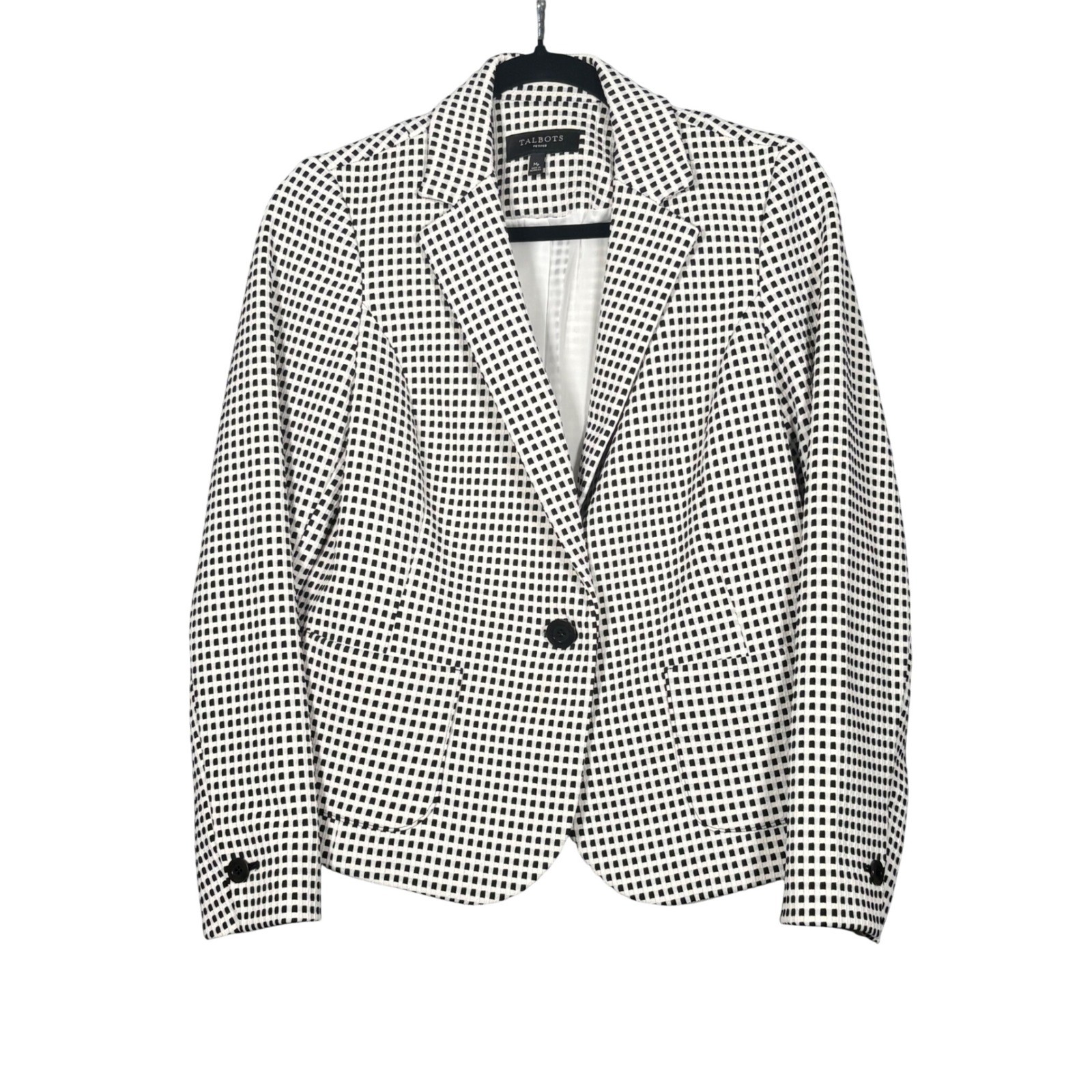 Talbots Petites Checked Black White Single Button Blazer Jacket Womens MP