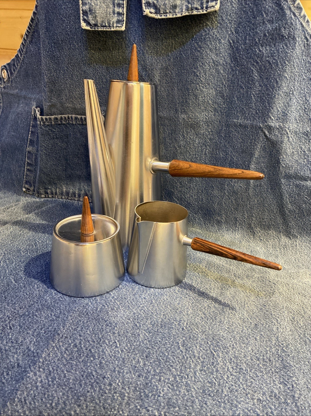 Vintage MCM Mid Century Danish Modern Stainless @ Teak Coffee Set  Signed