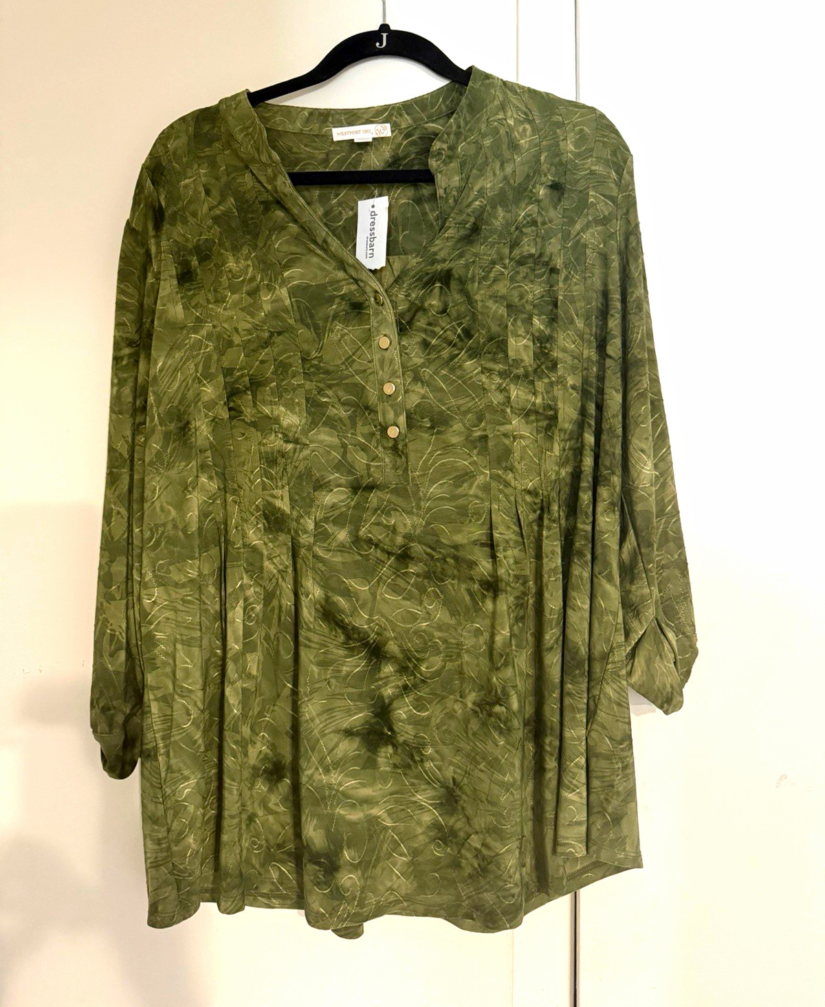 Westport 1962 Women’s Plus 2X Green Abstract V-Neck 3/4 Sleeve Button Blouse