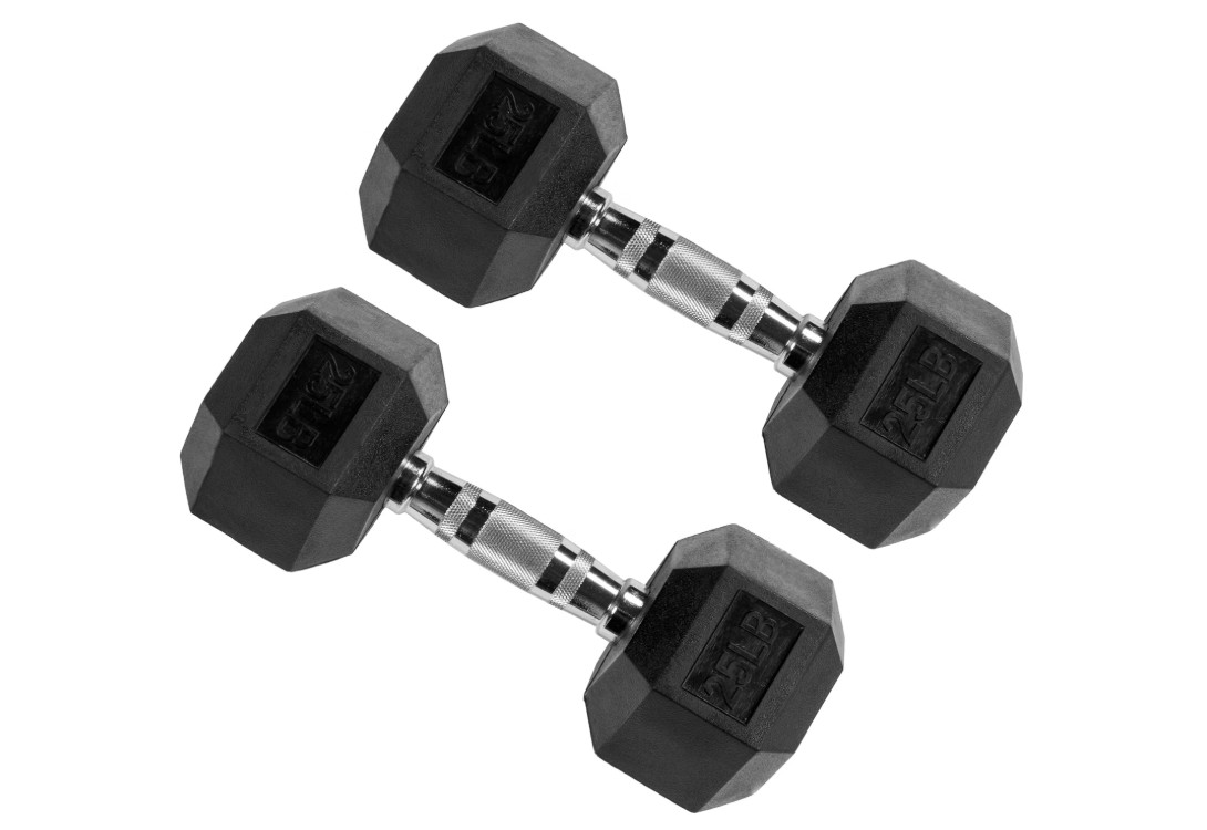 Signature Fitness Rubber Coated Hex Dumbbells Hand Weights 25 lbs Pair