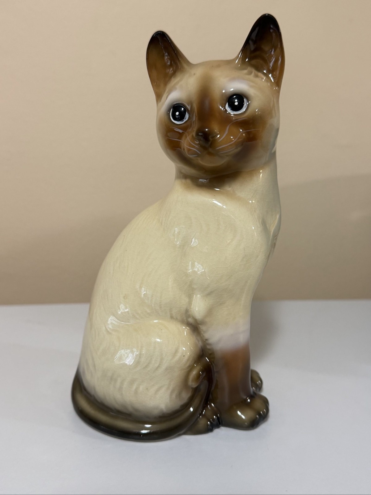 Vintage Ceramic Siamese Cat Figurine Brown & Cream