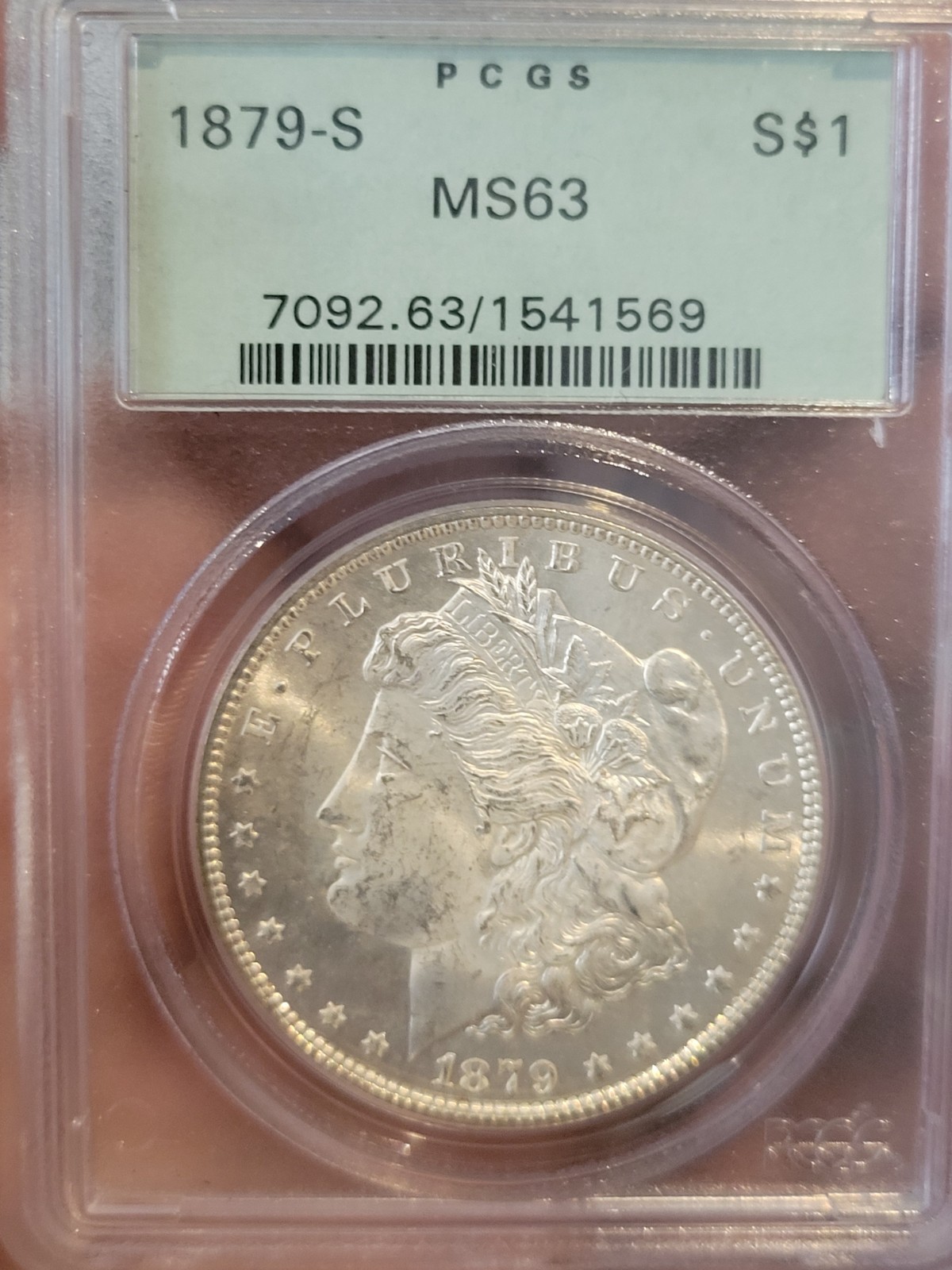 1879-S Morgan Silver Dollar PCGS MS63 Blast White Old Green Holder 1879-S Morgan Silver Dollar PCGS MS63 Blast White Old Green Holder