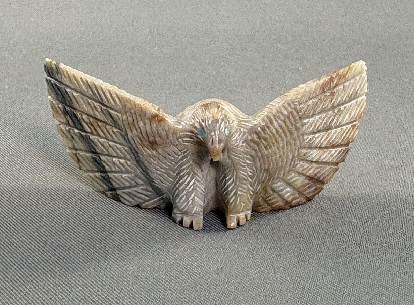 Vintage Zuni Picasso Marble Eagle Fetish w/Turquoise Eyes by Herbert Hustito (D)