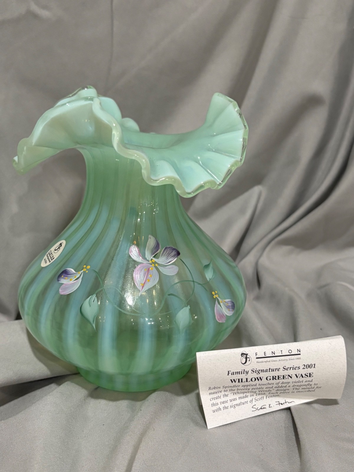 Fenton Willow Green Vase Family Signature Series Whispering Winds Read notes