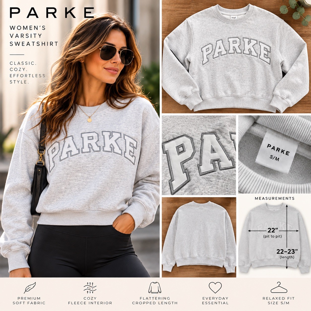 PARKE Women’s Varsity Mockneck Sweatshirt – S/M – Heather Gray / White