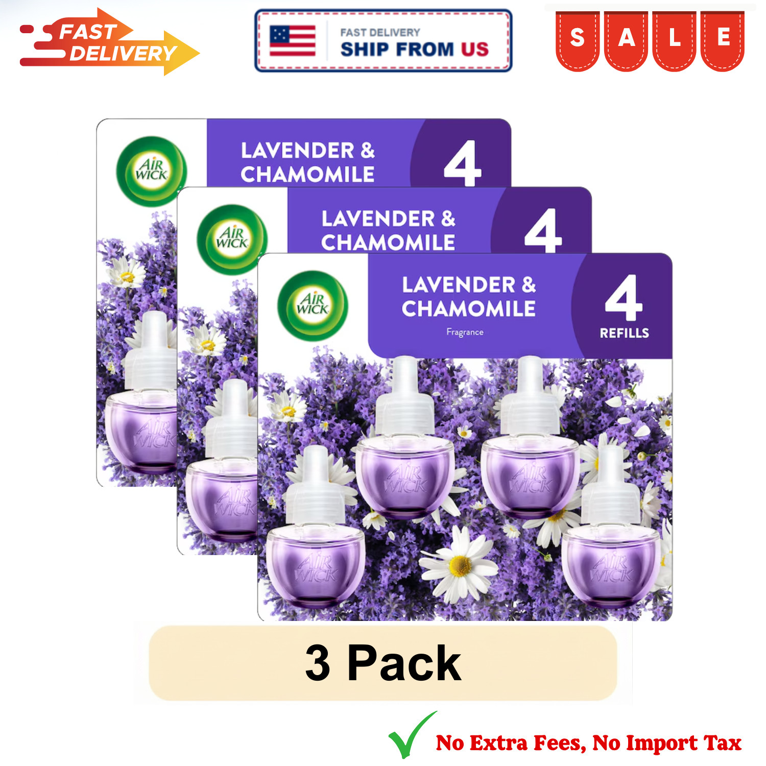 3 Pack Air Wick Scented Oil Refill Lavender & Chamomile Air Freshener 4 Count